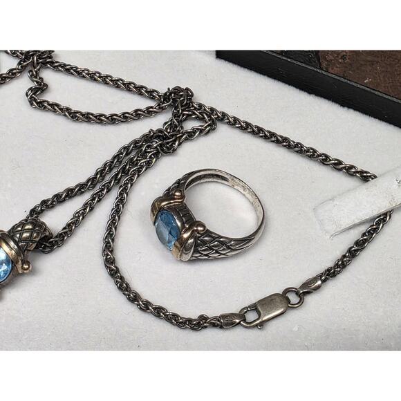 Ladies STERLING SILVER LIGHT BLUE TOPAZ NECKLACE And Ring Set - Picture 6 of 7